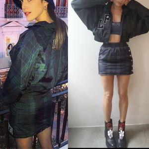 LF PLAID punk varsity green tartan oversized windbreaker street skirt set xs